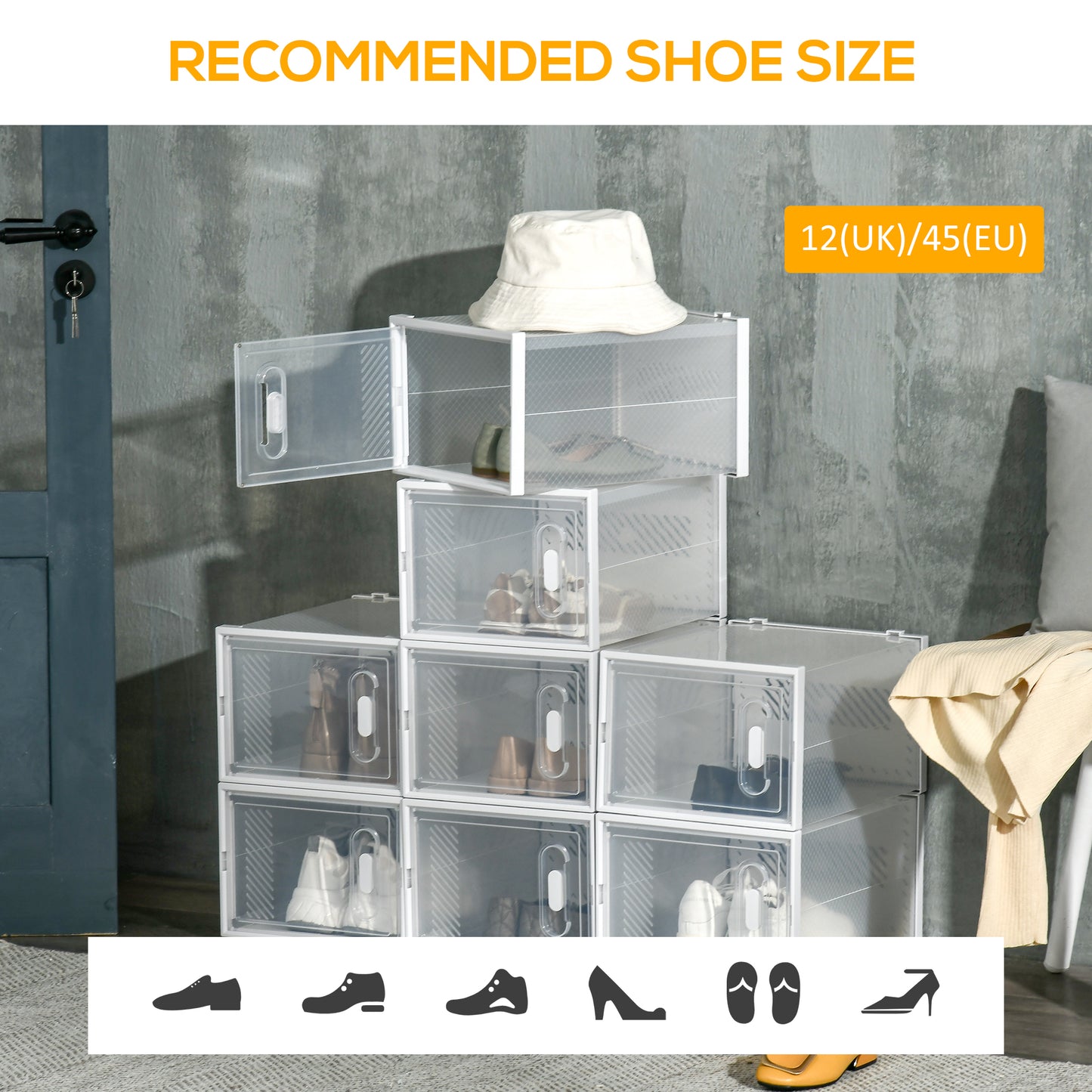 HOMCOM Eight Piece Clear Shoe Box Set Stackable Plastic Storage With Magnetic Door Fits UK EU Size 12 To 46