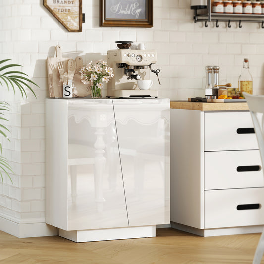 White high-gloss storage cabinet with two closed doors and recessed panel design