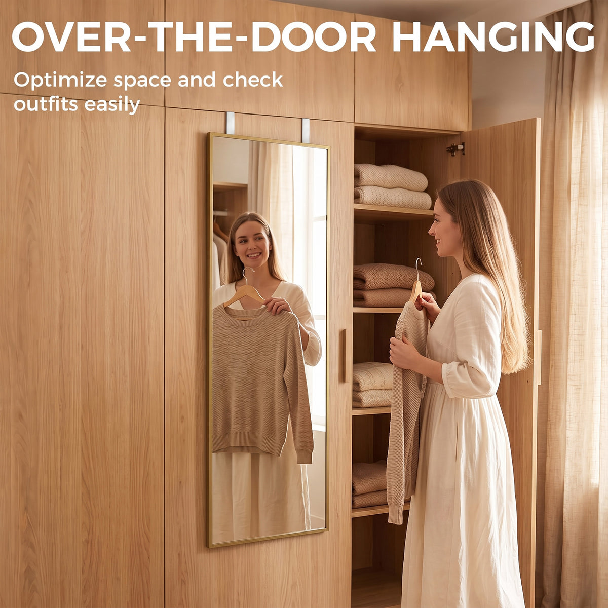 Over-the-door hanging full length mirror with gold-tone frame