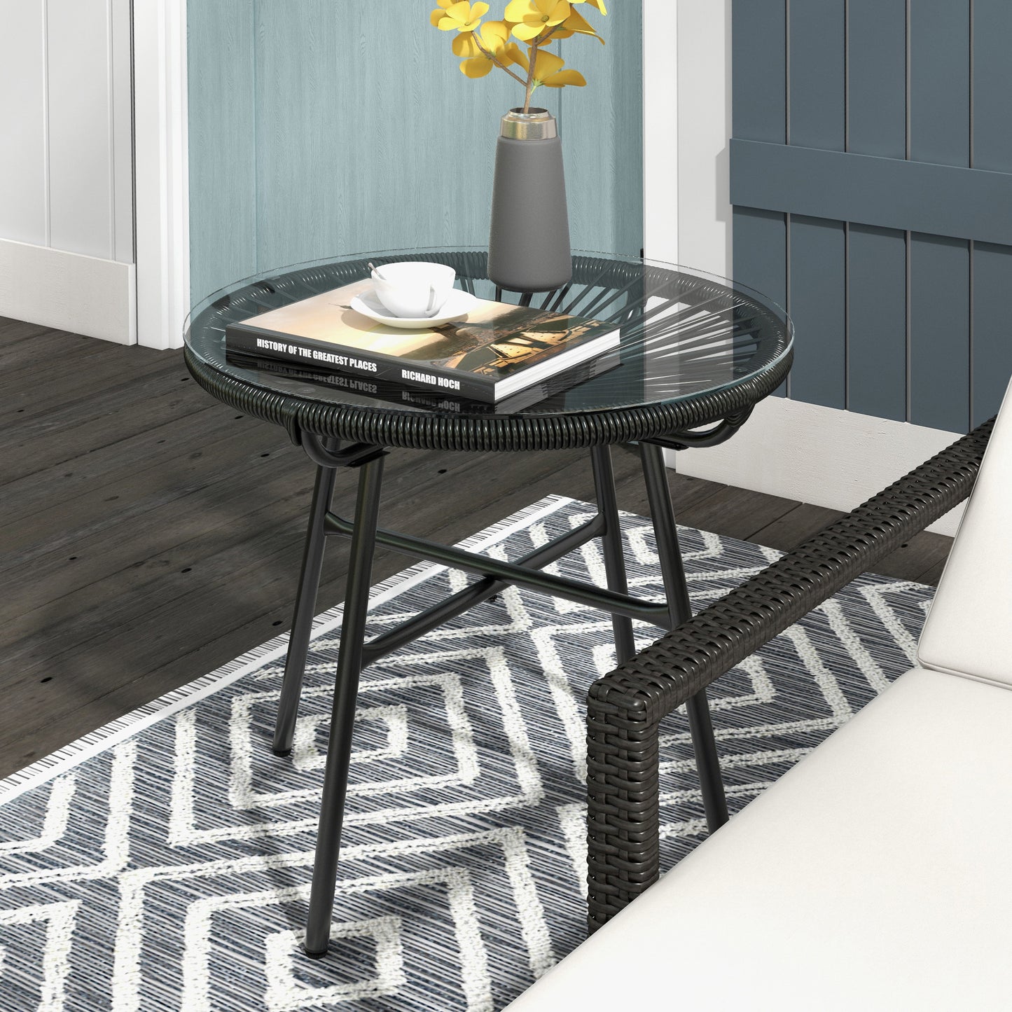 Outsunny Rattan Side Table Round Coffee Table With PE Rattan And Tempered Glass Top For Patio Garden Balcony Black