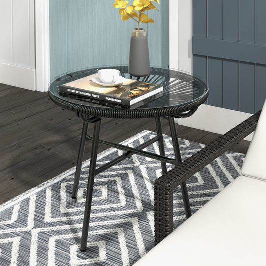 Outsunny Rattan Side Table Round Coffee Table With PE Rattan And Tempered Glass Top For Patio Garden Balcony Black