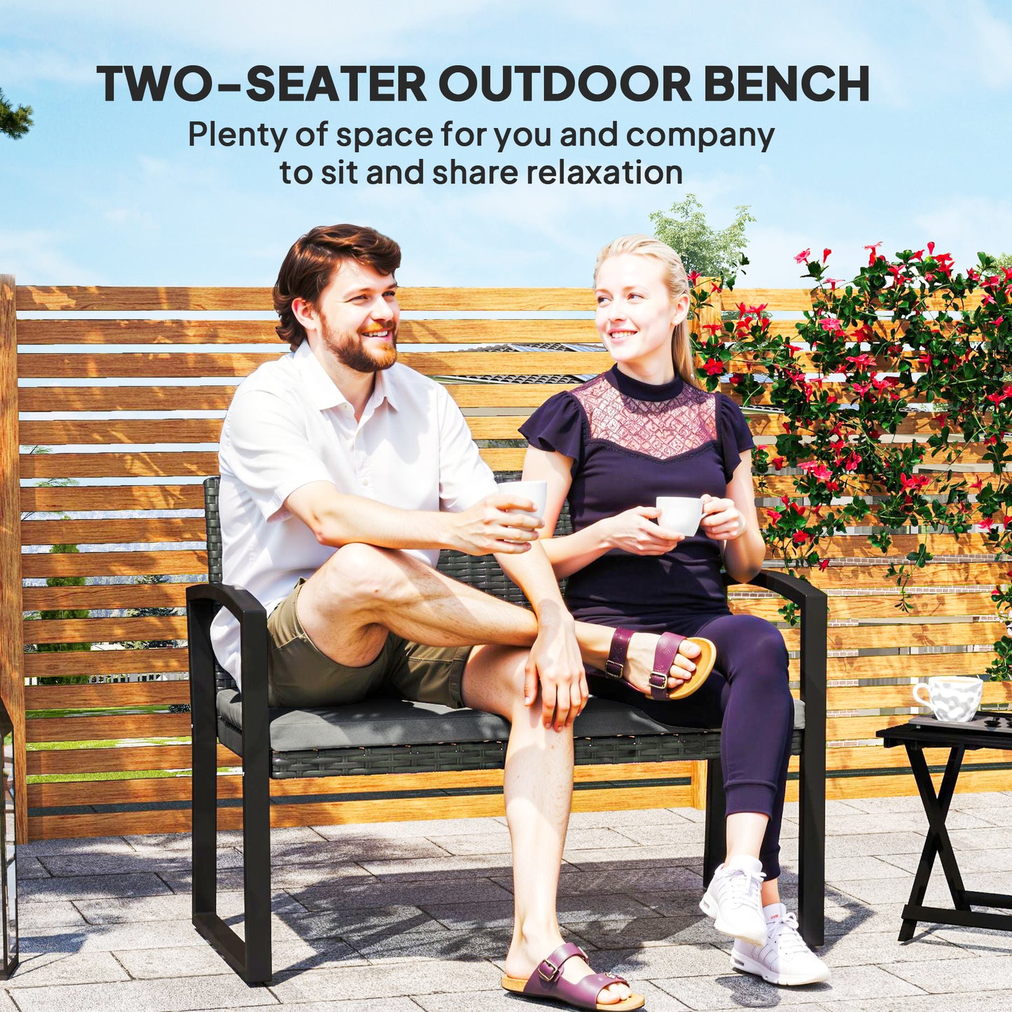 Outsunny Two Seater Rattan Garden Bench with Cushioned Seat and Light Grey Finish