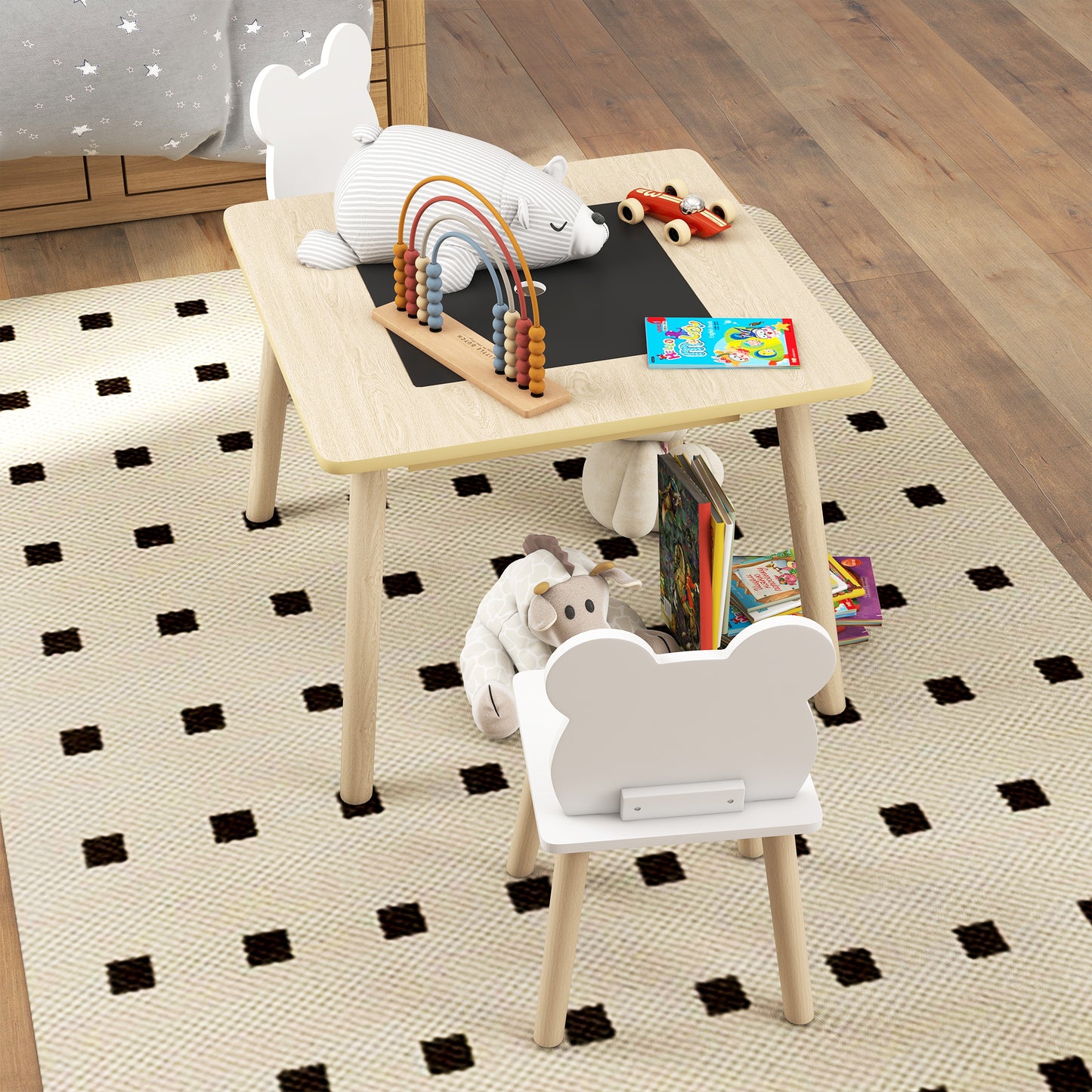 AIYAPLAY 3 Piece Kids Table And Chairs Set With Convertible Desk And Storage Grid For Nursery And Playroom
