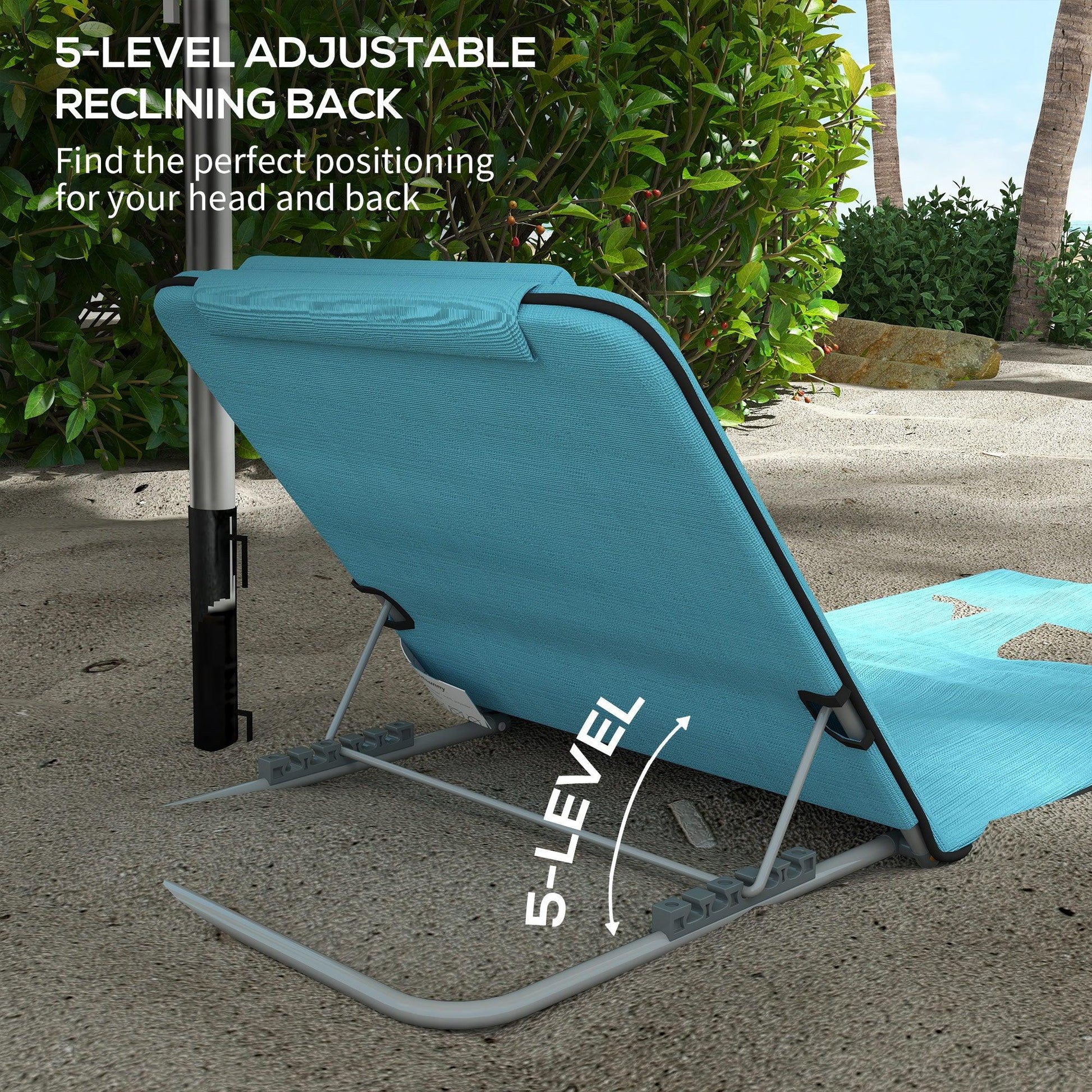 Outsunny Metal Frame PE Fabric 2 Pieces Outdoor Beach Reclining Chair Set w/ Pillow Light Blue - ALL4U RETAILER LTD