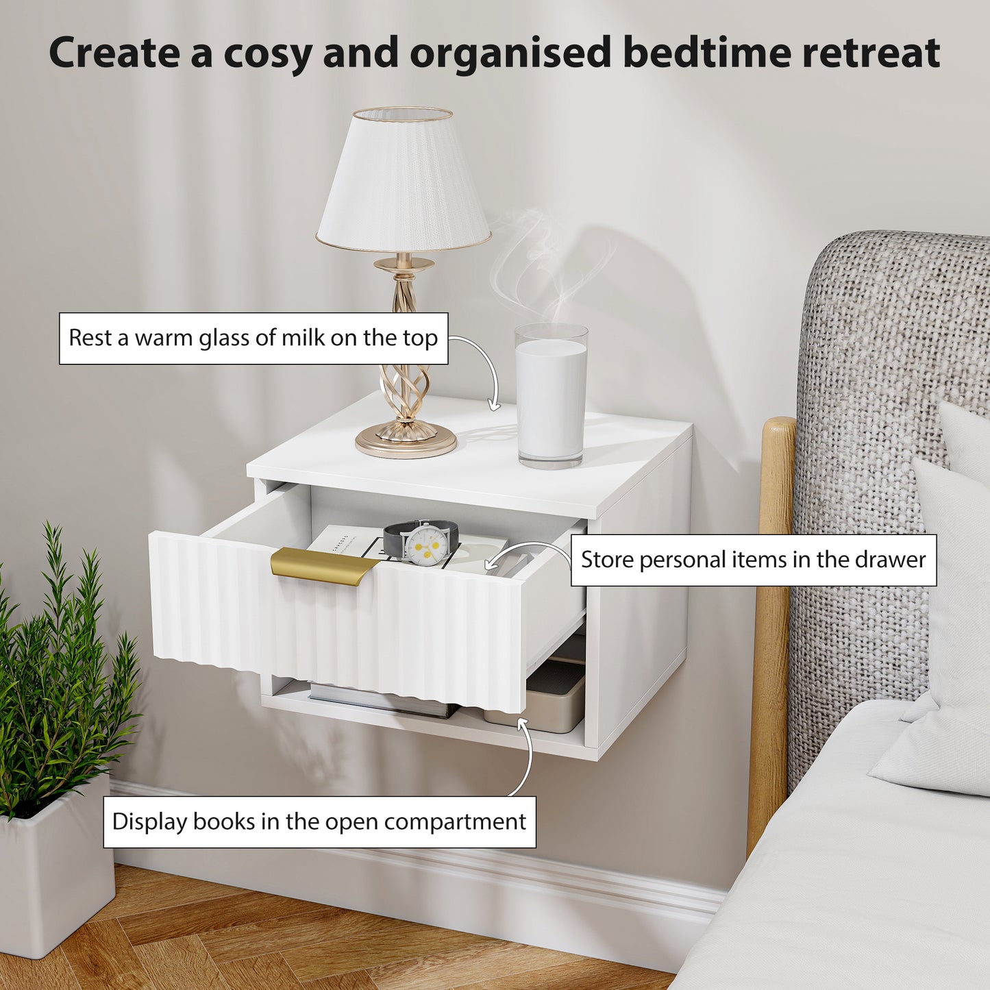 HOMCOM Floating Nightstands Set Of 2 Wall Mounted Bedside Tables With Fluted Drawer And Open Shelf White