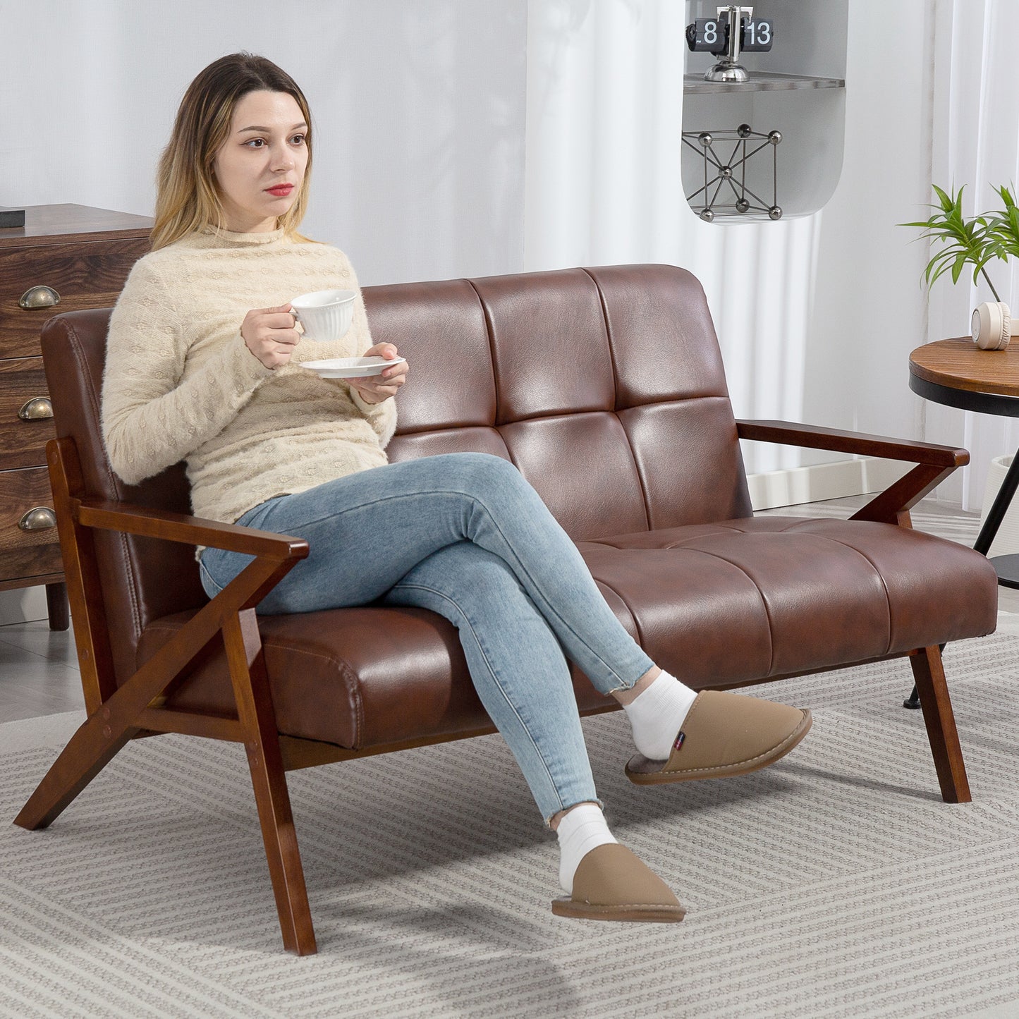 HOMCOM Compact 2 Seater Sofa Vintage Tufted Loveseat With Solid Wood Legs PU Leather Small Couch Settee Living Room