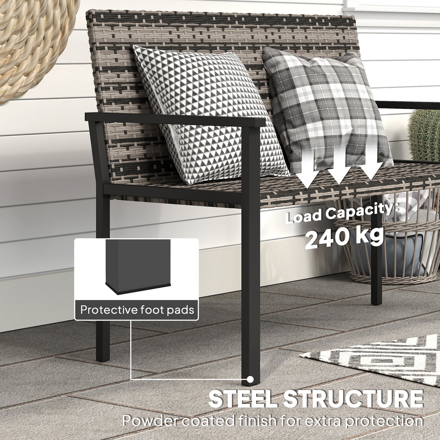 Outsunny Two Seater Rattan Garden Bench Mixed Grey Weather Resistant Steel Frame With Quick Dry Padding
