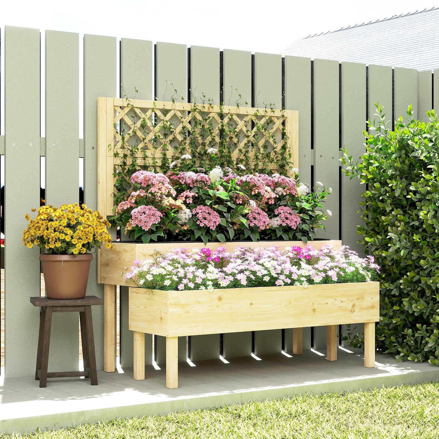 Outsunny Raised Garden Bed 2 Tier Stepped Design Planter Box With Trellis For Climbing Plants 108x62x120 Cm