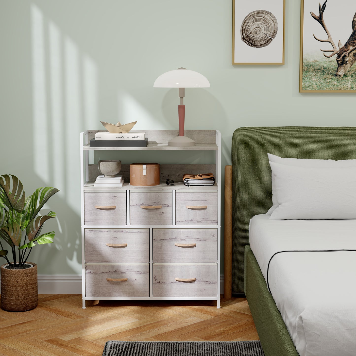 HOMCOM Rustic Chest Of Seven Fabric Drawers Natural Wood Finish For Clothes Storage And Organization