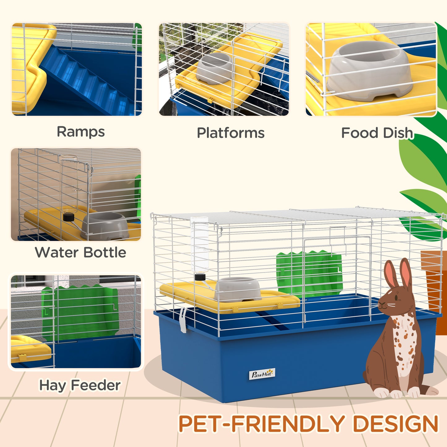 PawHut Blue Small Animal Cage for Chinchillas, Rabbits, and Guinea Pigs with Platform and Ramp, 71 x 46 x 47cm - ALL4U RETAILER LTD