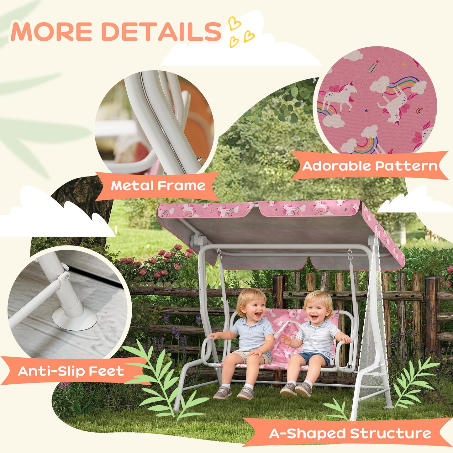 AIYAPLAY Pink 2 Seater Kids Porch Swing with Adjustable Canopy Garden Patio Hammock and Seat Belts Safari Animal Design