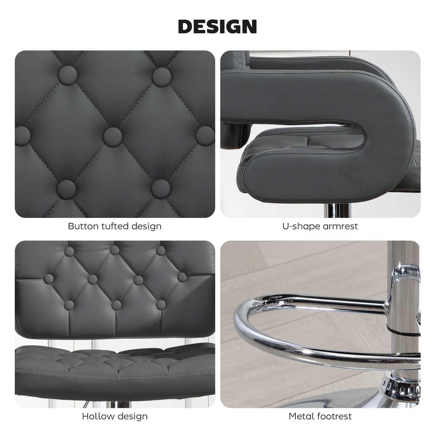 HOMCOM PU Leather Upholstered Swivel Bar Stool With Height Adjustable Backrest Armrests Footrest Grey