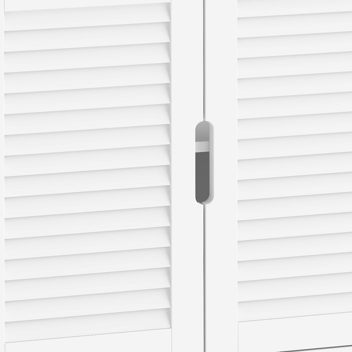 Close-up of white cabinet louvered door panels with vertical handle
