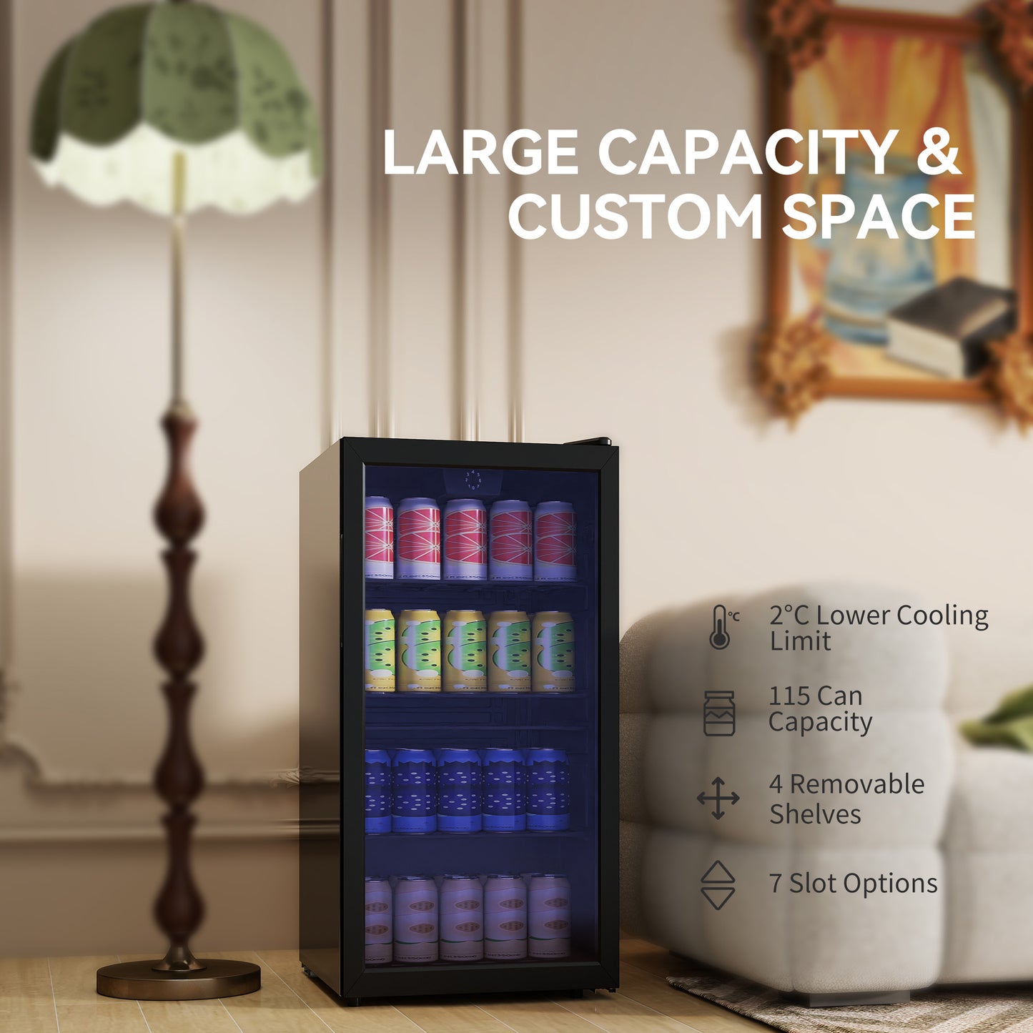 HOMCOM 93L Drinks Fridge 115 Can Capacity Freestanding Beer Fridge With Glass Door LED Light Black