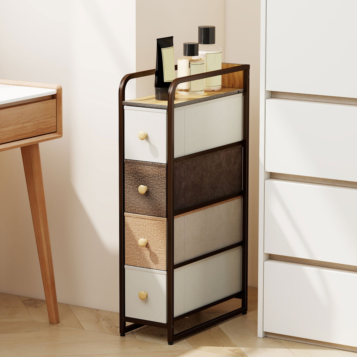HOMCOM 4 Drawer Fabric Chest Of Drawers With Steel Frame Slim 20 Cm Wide Storage Organizer For Bedroom And Living Room