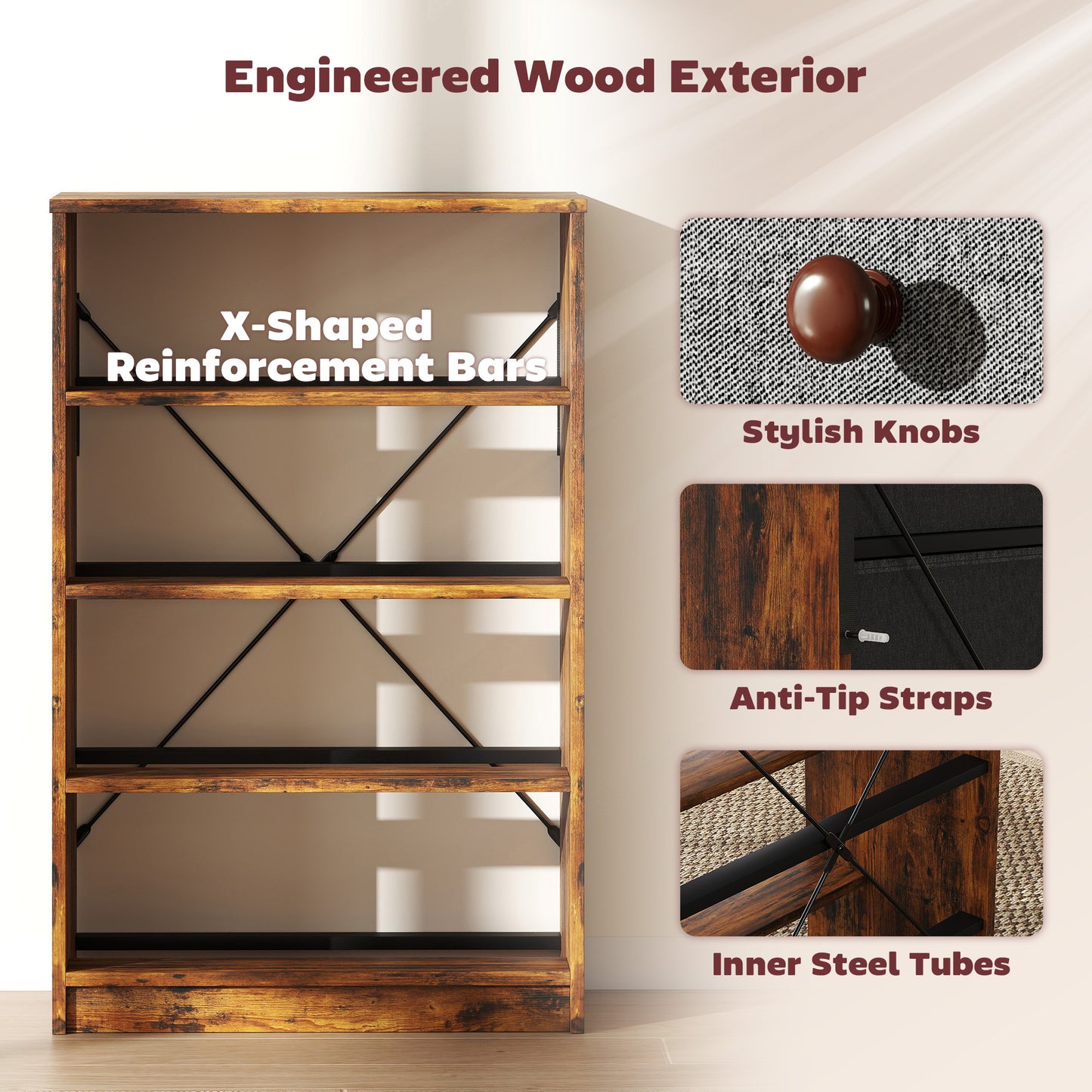 HOMCOM Chest Of Drawers Four Fabric Drawers Grey And Rustic Brown Wood Effect MDF Steel Frame