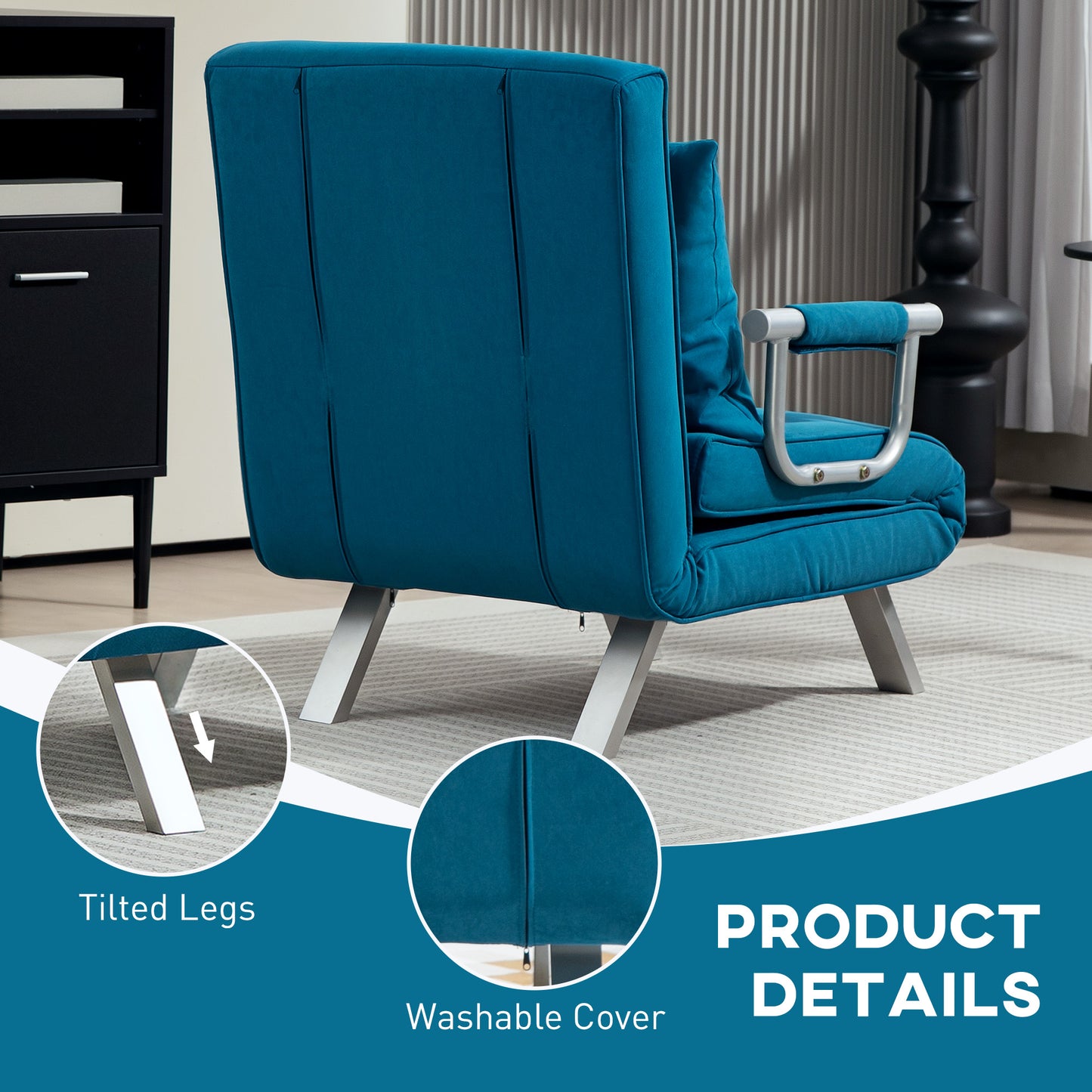 HOMCOM 4 In 1 Faux Suede Chair Bed Blue With Click Clack Design And Five Position Adjustable Back