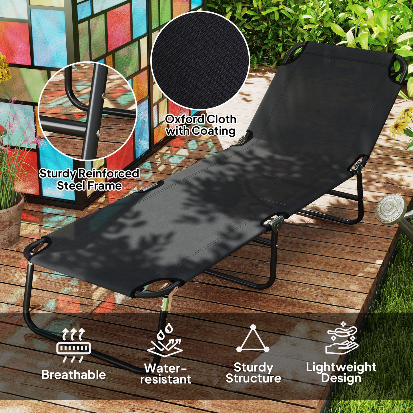 Outsunny Garden Sun Lounger With Five Position Backrest Adjustable Folding Black Metal Frame