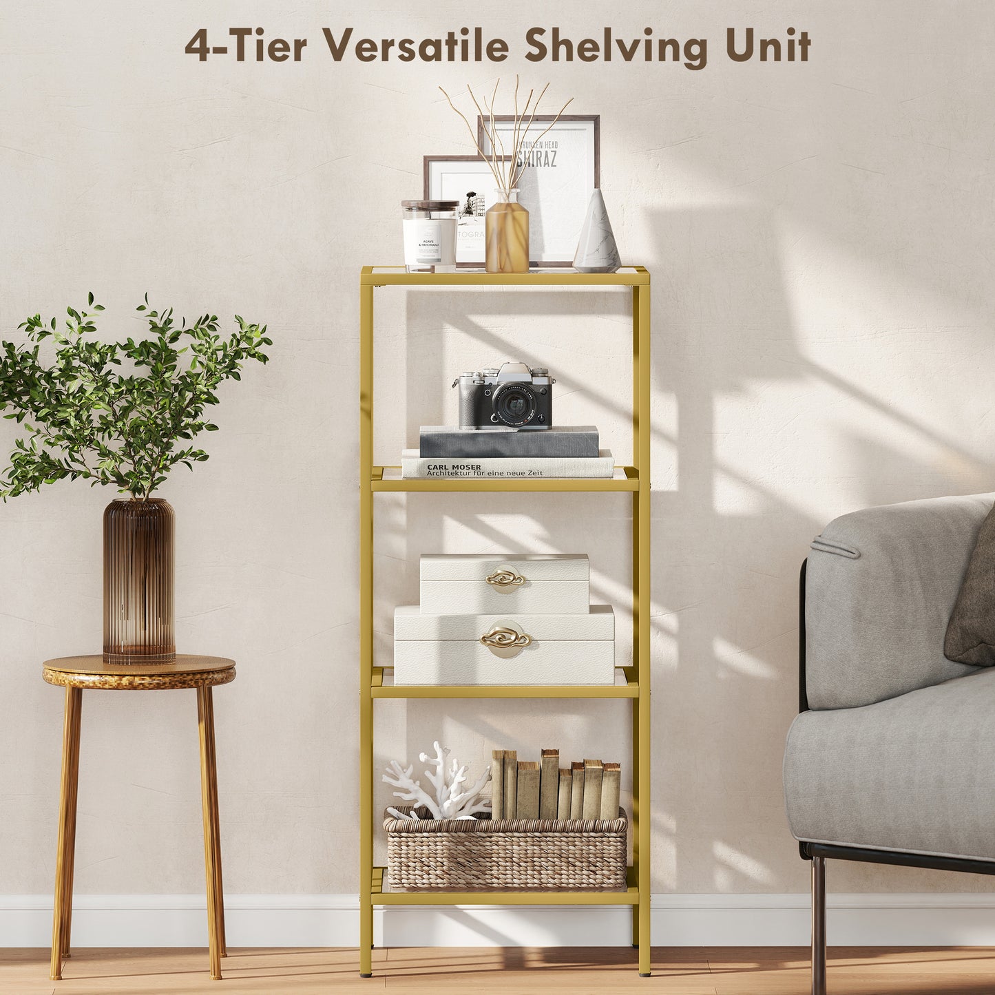 HOMCOM 4 Tier Glass Shelving Unit Gold Tone Vertical Storage for Living Room Home Office Bedroom Bathroom
