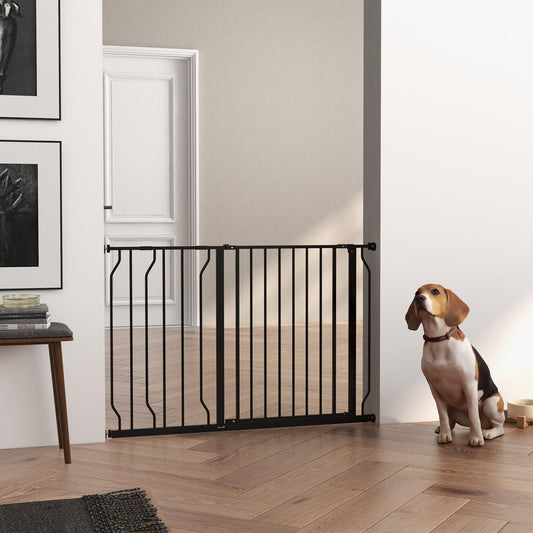 PawHut Dog Gate Wide Stair Gate w/ Door Pressure Fit, 75-115W cm, Black - ALL4U RETAILER LTD