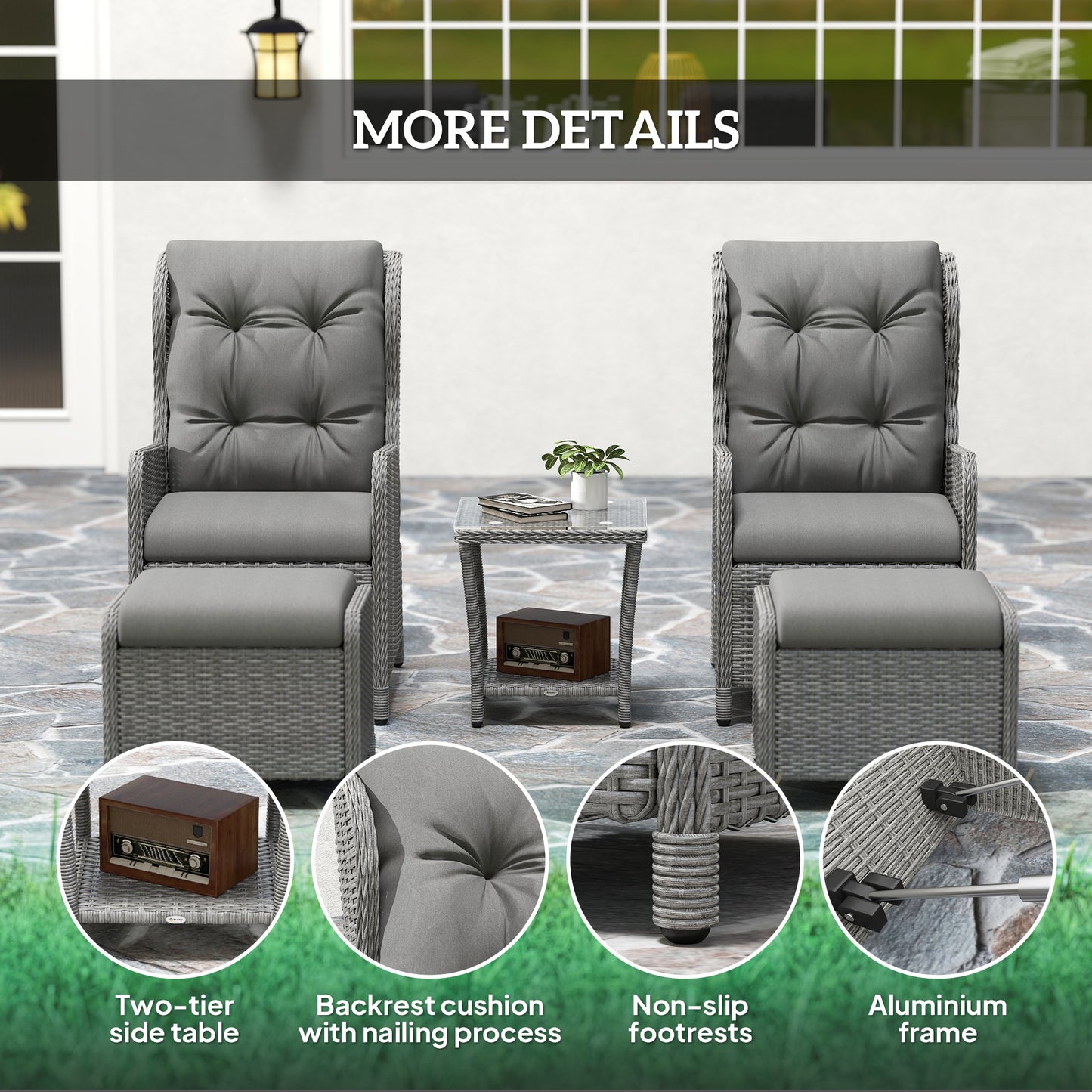 Outsunny 5 Piece Rattan Bistro Set Adjustable Back Reclining Wicker With Cushions Glass Top Table Light Grey