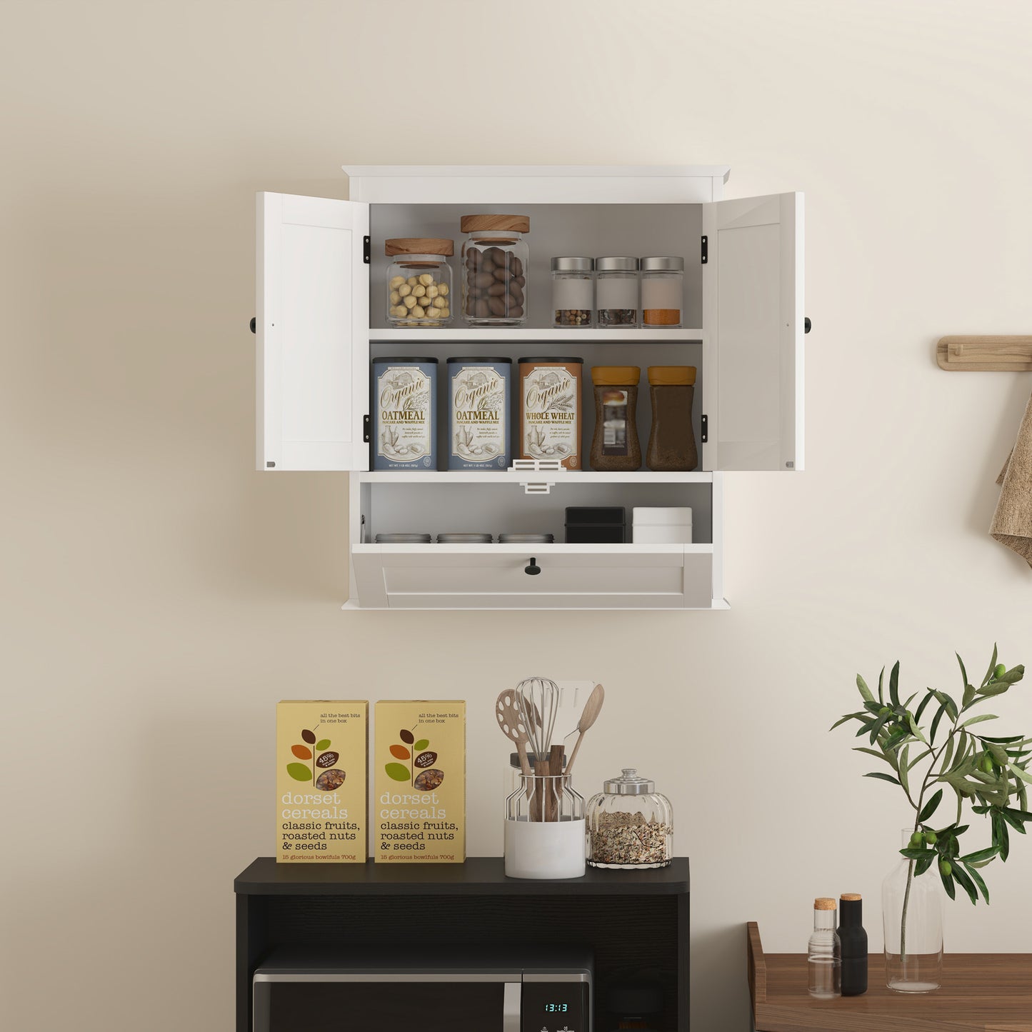 HOMCOM White Wall Mounted Bathroom Cabinet With Adjustable Shelf And Recessed Doors Three Compartments