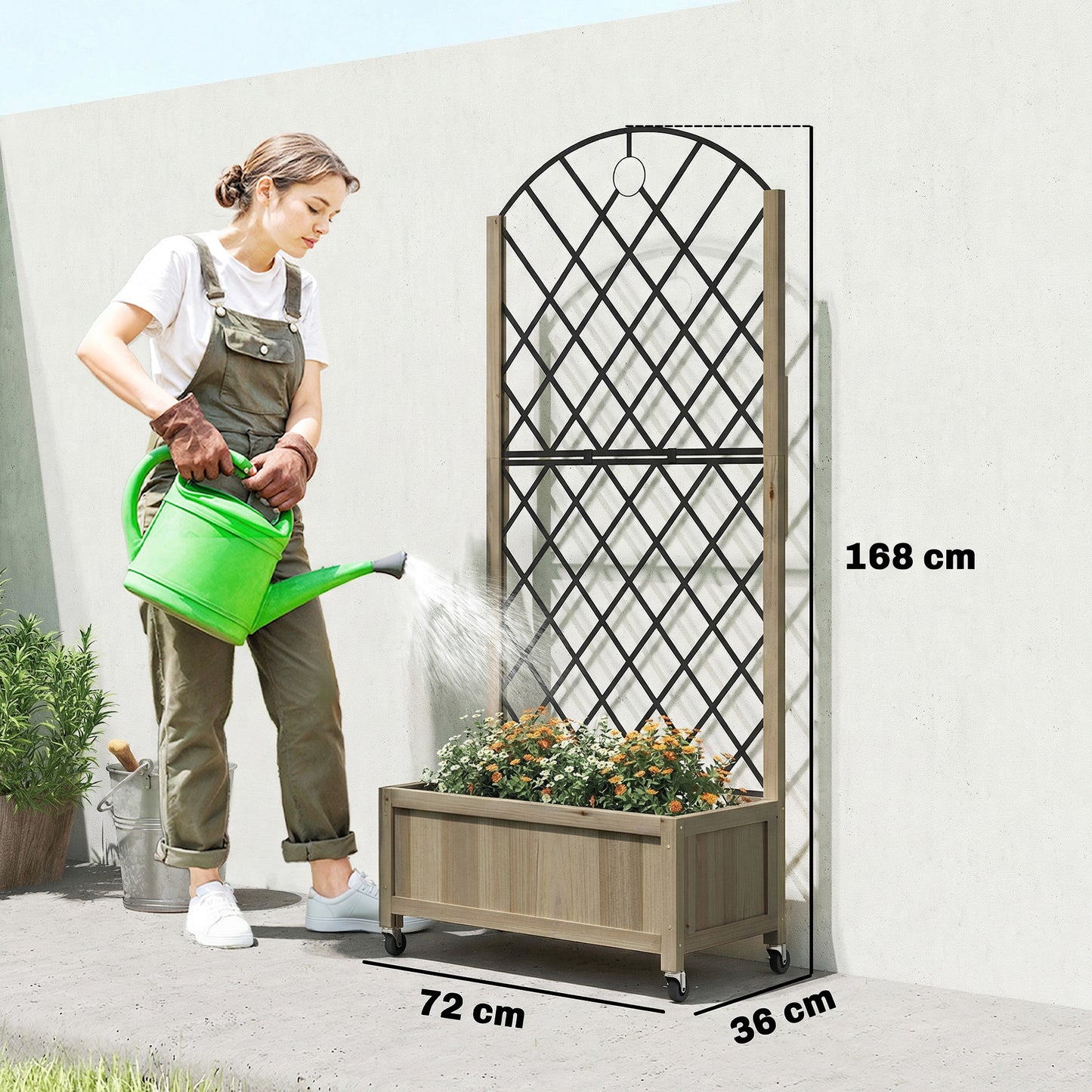 Outsunny Raised Garden Bed With Metal Trellis And Lockable Wheels Wooden Elevated Planter Box Outdoor Carbonised