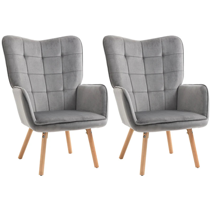 HOMCOM Set of 2 Modern Accent Chairs: Velvet-Touch Tufted Wingback Armchairs, Upholstered Leisure Lounge Sofas with Wood Legs - Grey - ALL4U RETAILER LTD