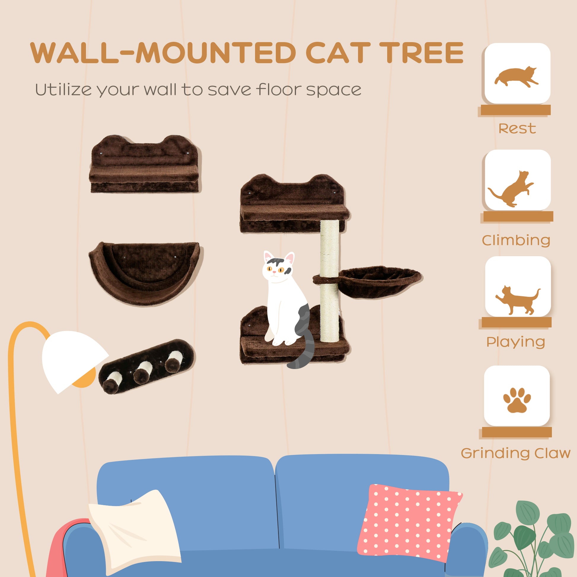 PawHut Wall-Mounted Cat Climber Set with Hammock, Nest, and Scratching Post - 4PC Brown Cat Furniture - ALL4U RETAILER LTD