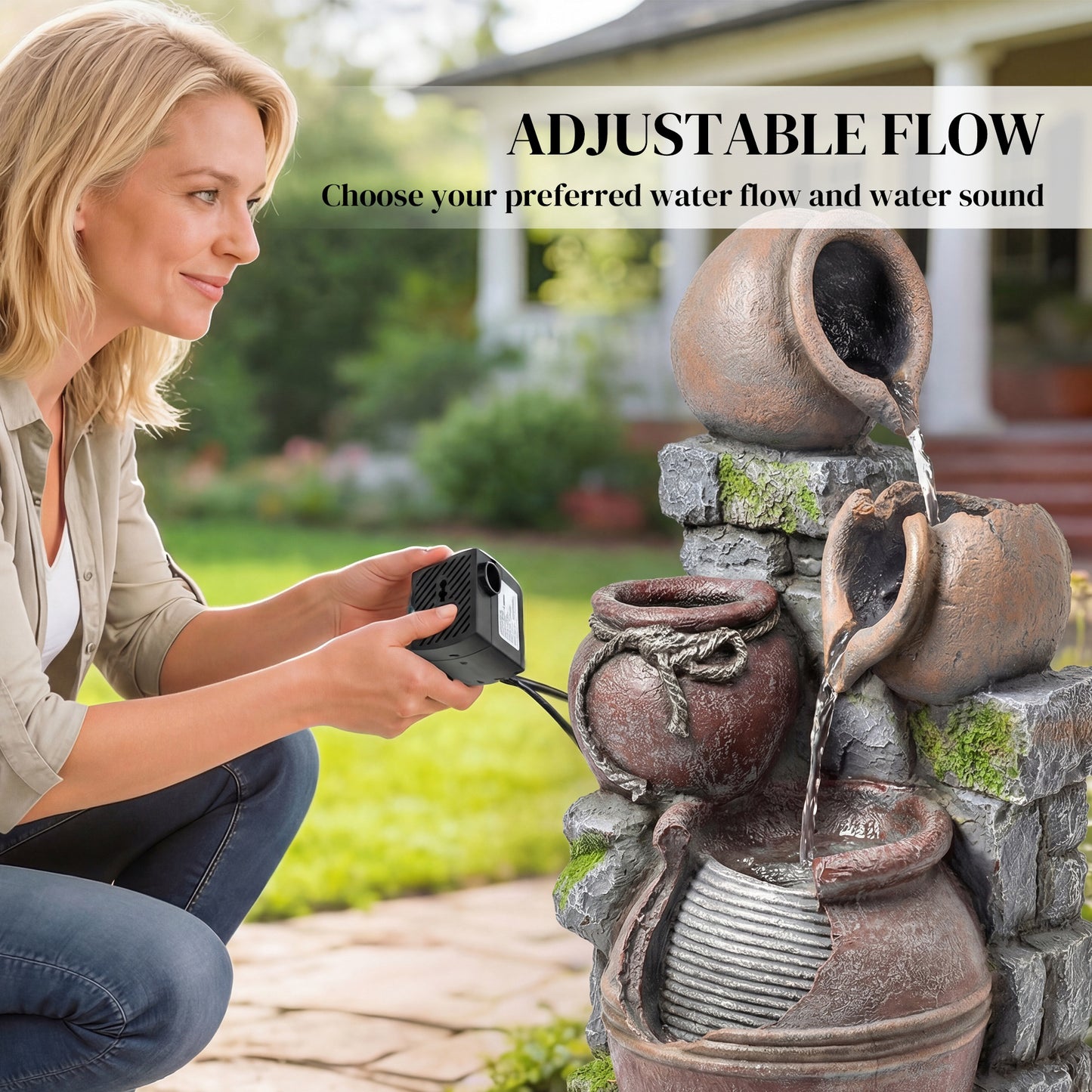 Outsunny 4-Tier Outdoor Fountain With Planter And LED Lights In Rustic Brown Garden Decor