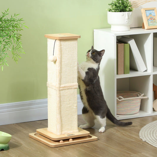 PawHut 3-in-1 Interactive Cat Scratching Post with Toy Ball and Track Balls - 67cm Oak Design