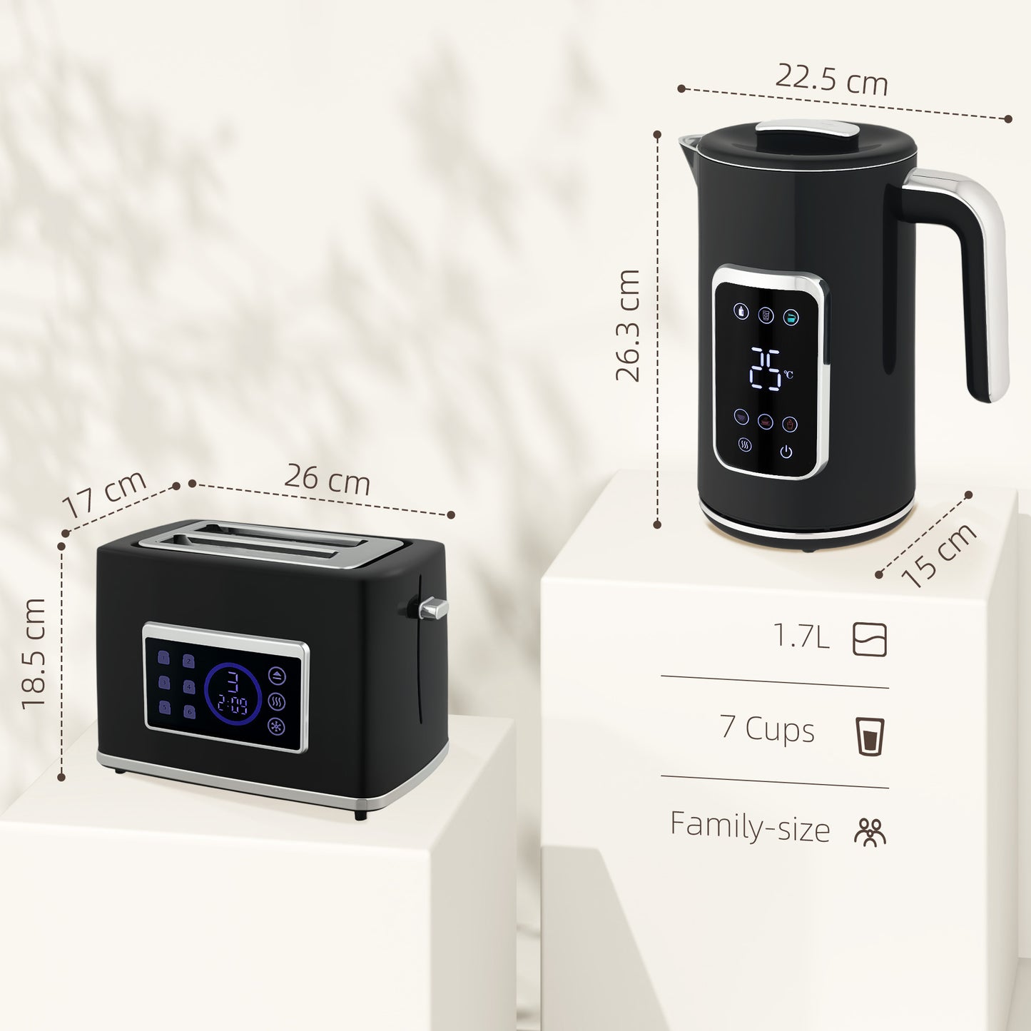HOMCOM Touch Screen Kettle And Toaster Set Black With 3000W Fast Boil 1.7L Kettle And Six Temperature Presets