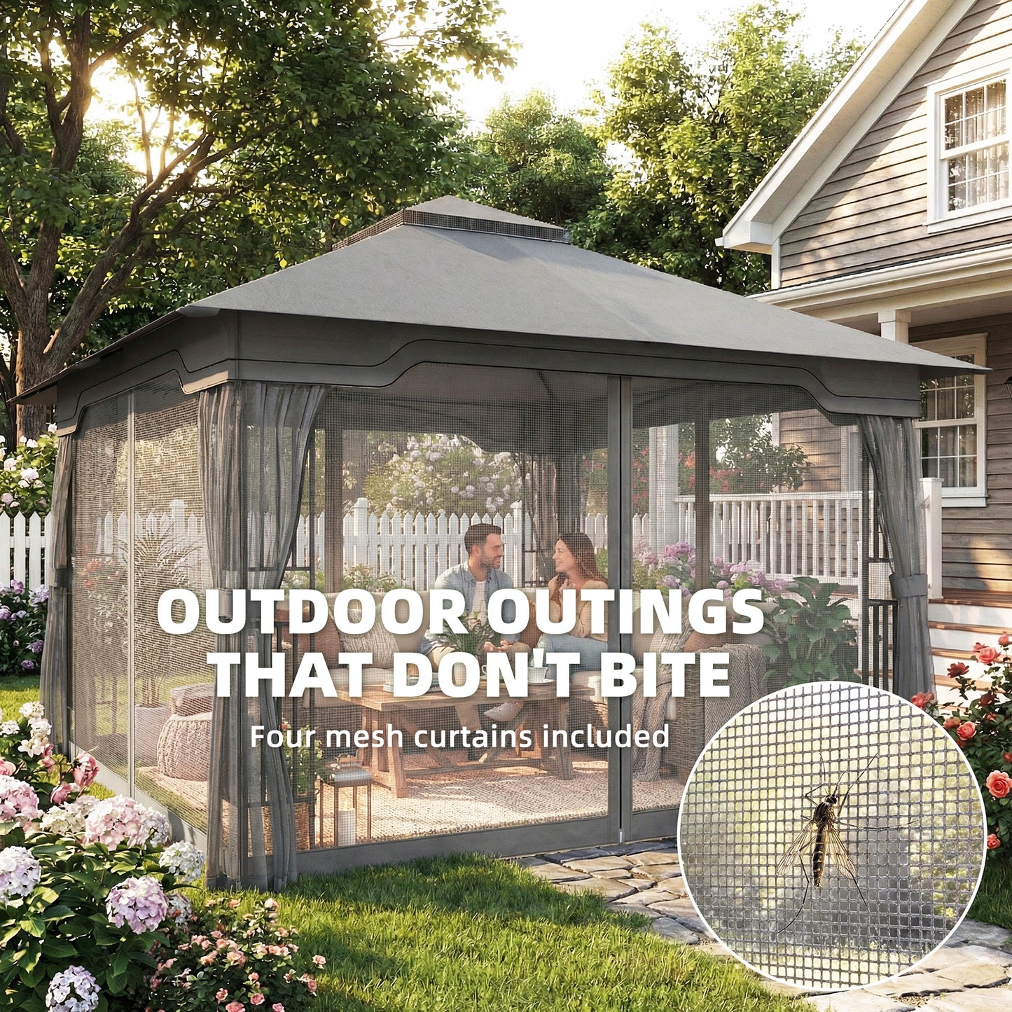 Outsunny 3.3 x 3.3 m Outdoor Garden Gazebo with Post Shelves UPF50 Plus Patio Pavilion Dark Grey