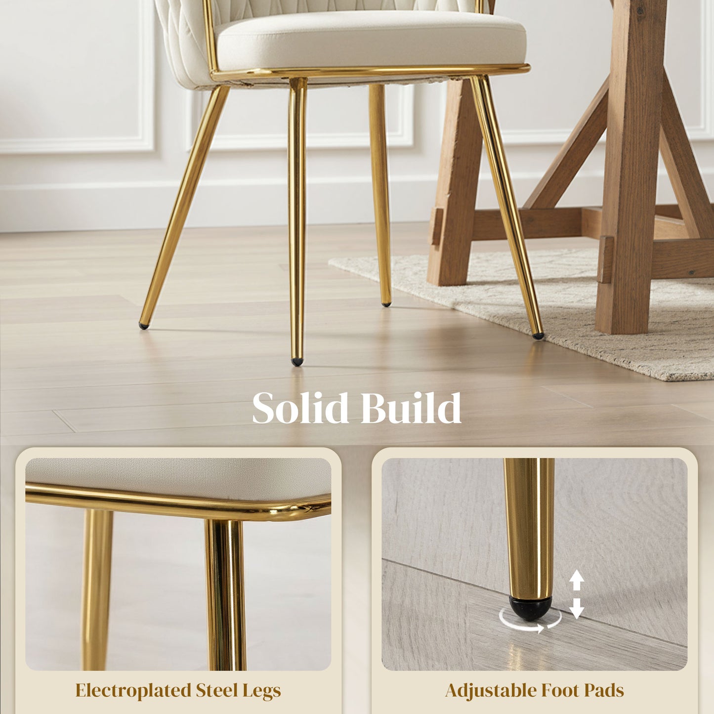 HOMCOM Velvet Feel Dining Chairs Set Of 2 With Knot Back And Gold Metal Legs Modern Upholstered Armchairs Cream