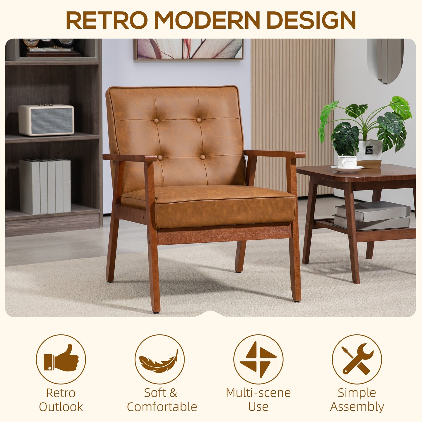 HOMCOM Two Pack Retro Style Accent Chairs With Faux Leather Seats Brown For Living Room Office And Bedroom