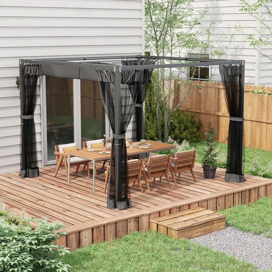 Outsunny 3 x 3 m Retractable Pergola, Garden Gazebo Shelter with Nettings, for Grill, Patio, Deck, Dark Grey - ALL4U RETAILER LTD