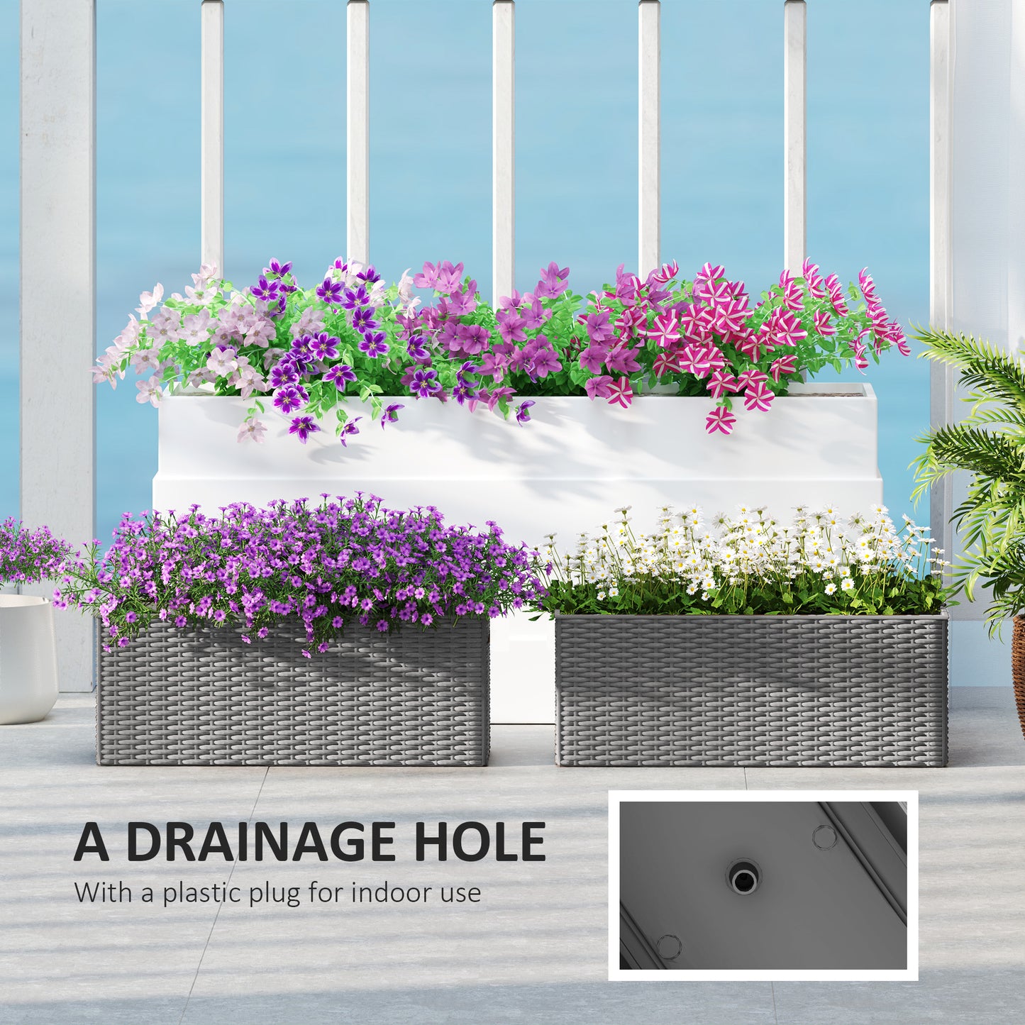 Outsunny Set Of Two Rattan Effect Planters With Hooks For Balconies Railings Grey