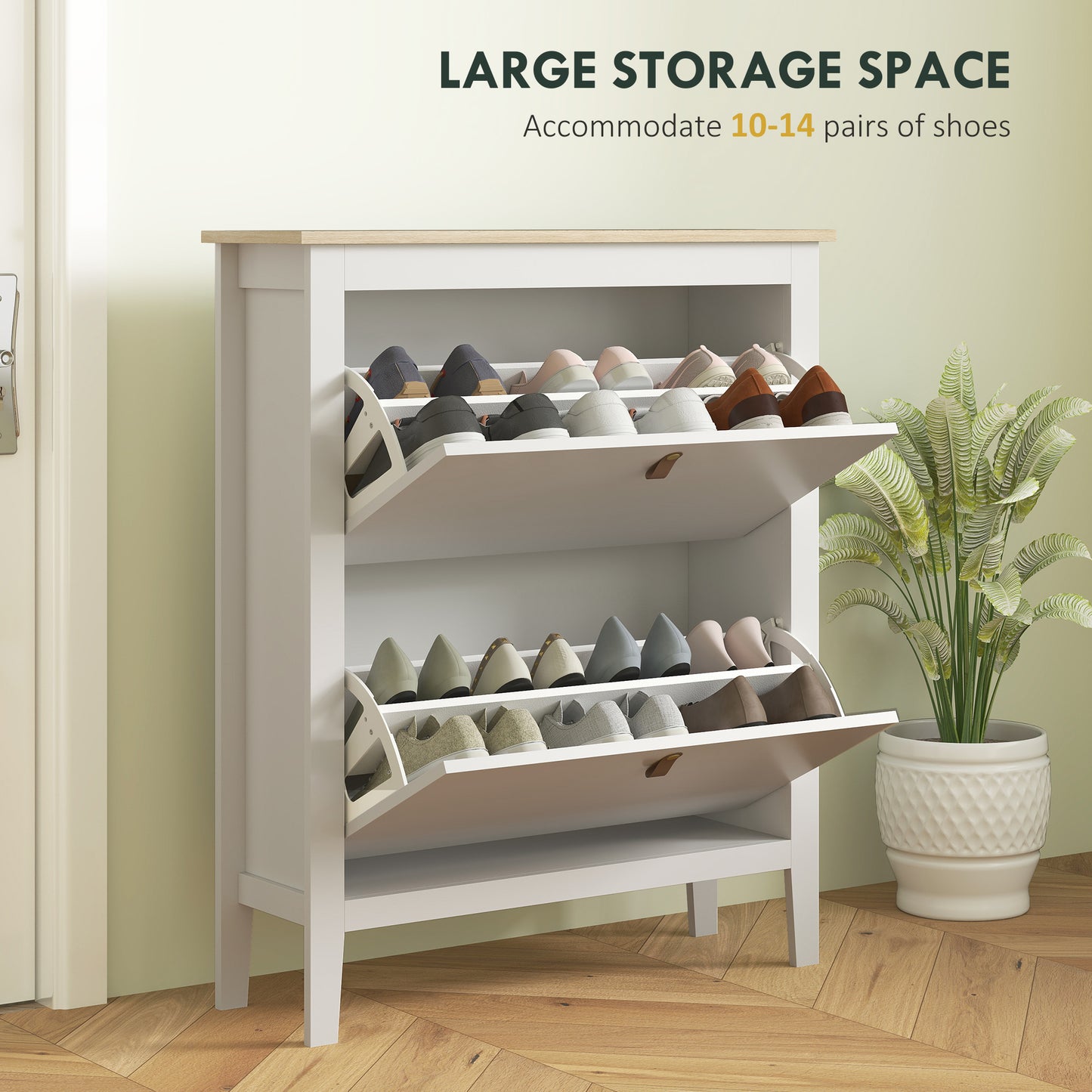 HOMCOM Modern Two Drawer Shoe Cabinet White Slim Shoe Storage For 14 Pairs UK Mens 9.5
