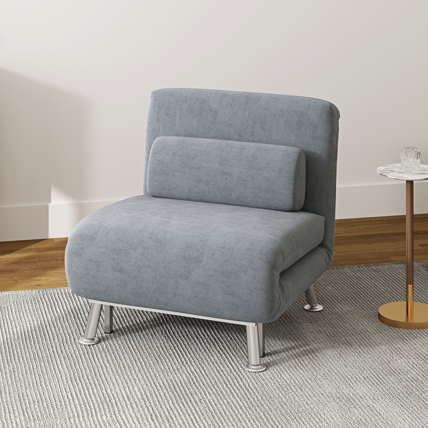HOMCOM Velvet Feel Sleeper Chair Grey 3 In 1 Chair To Chaise And Sleeper Bed With Adjustable Backrest 90 To 180 Degrees