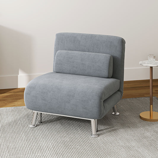 HOMCOM Velvet Feel Sleeper Chair Grey 3 In 1 Chair To Chaise And Sleeper Bed With Adjustable Backrest 90 To 180 Degrees