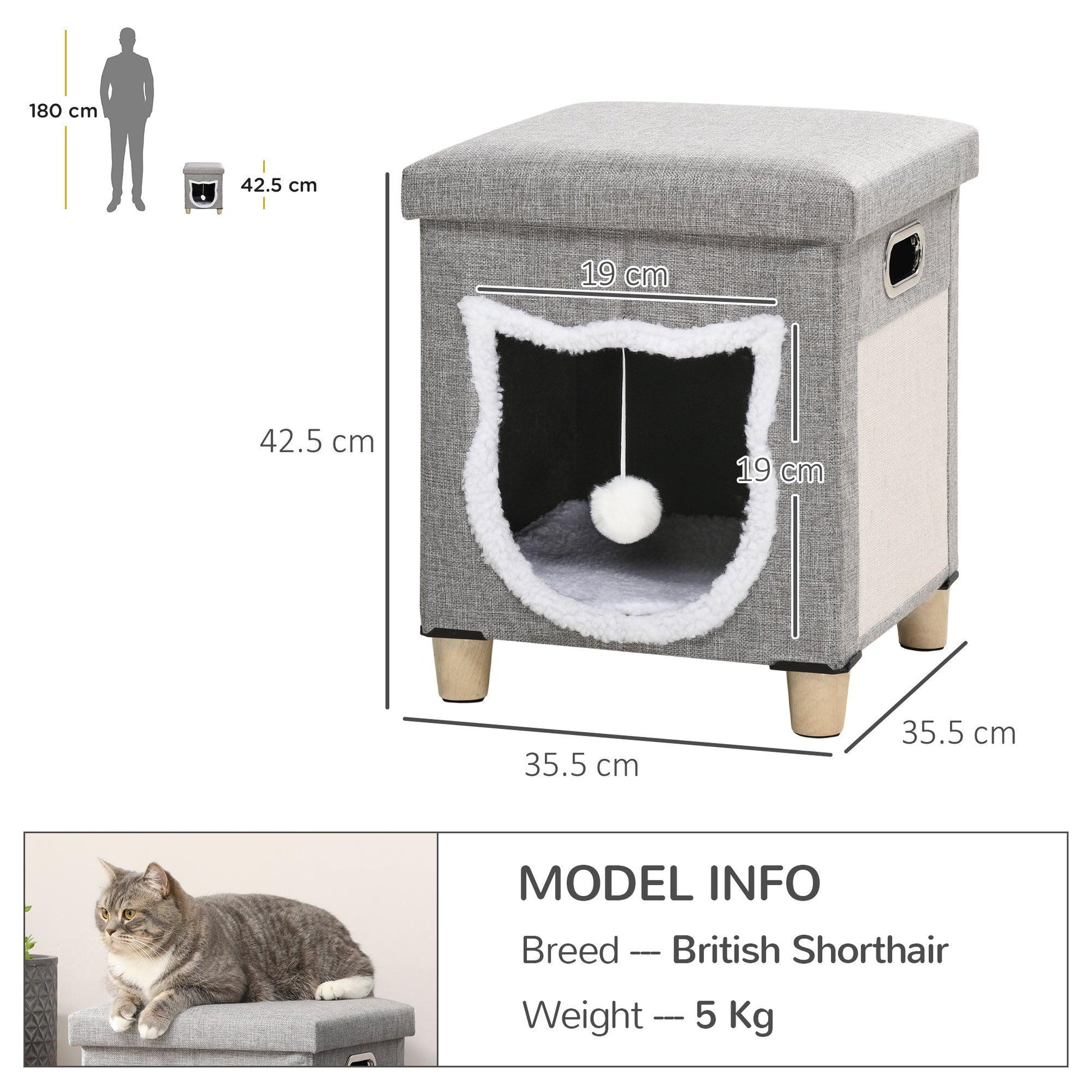 PawHut Grey Cat Bed Ottoman with Removable Cushion - ALL4U RETAILER LTD