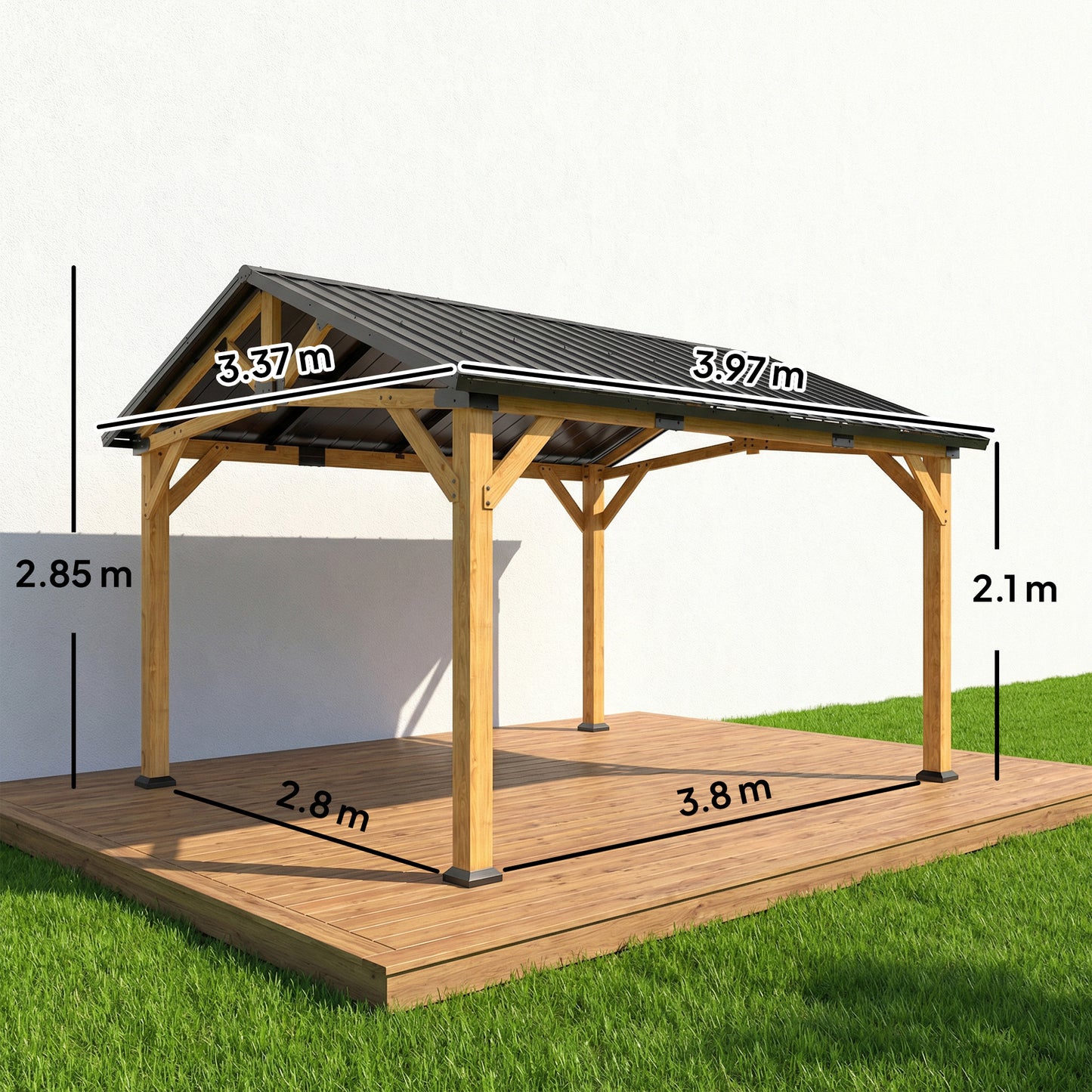 Outsunny 3.5x4m Hardtop Gazebo with Galvanised Metal Roof Fir Wood Frame Hook for Patio and Garden Black Gray