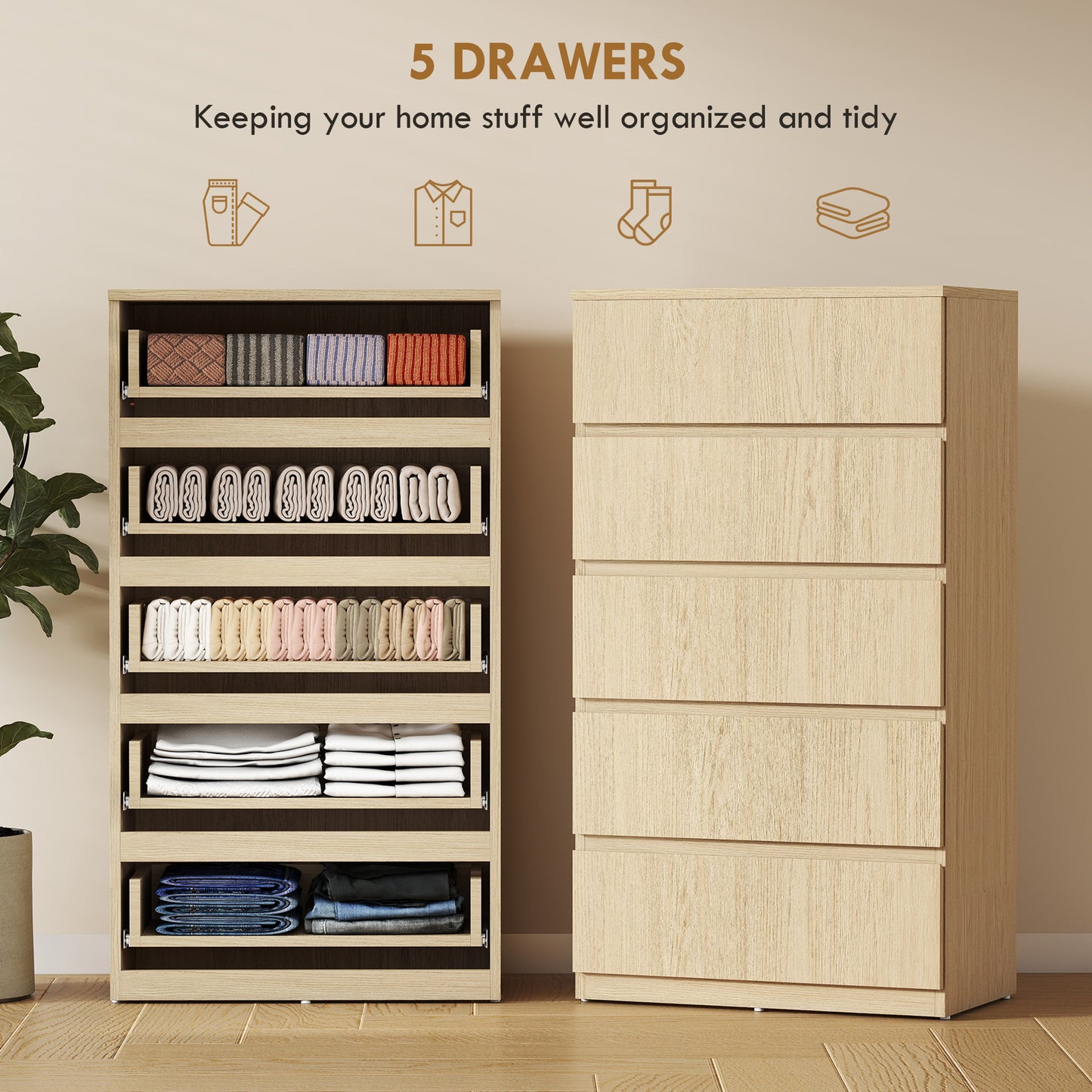 HOMCOM 5 Drawer Chest Modern Dresser for Bedroom Storage Cabinets and Organizer Furniture