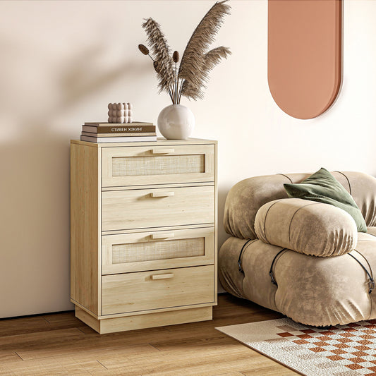 HOMCOM Chest Of Four Drawers With Rattan Weave Panel Accents On Two Drawers In Wood Effect Finish