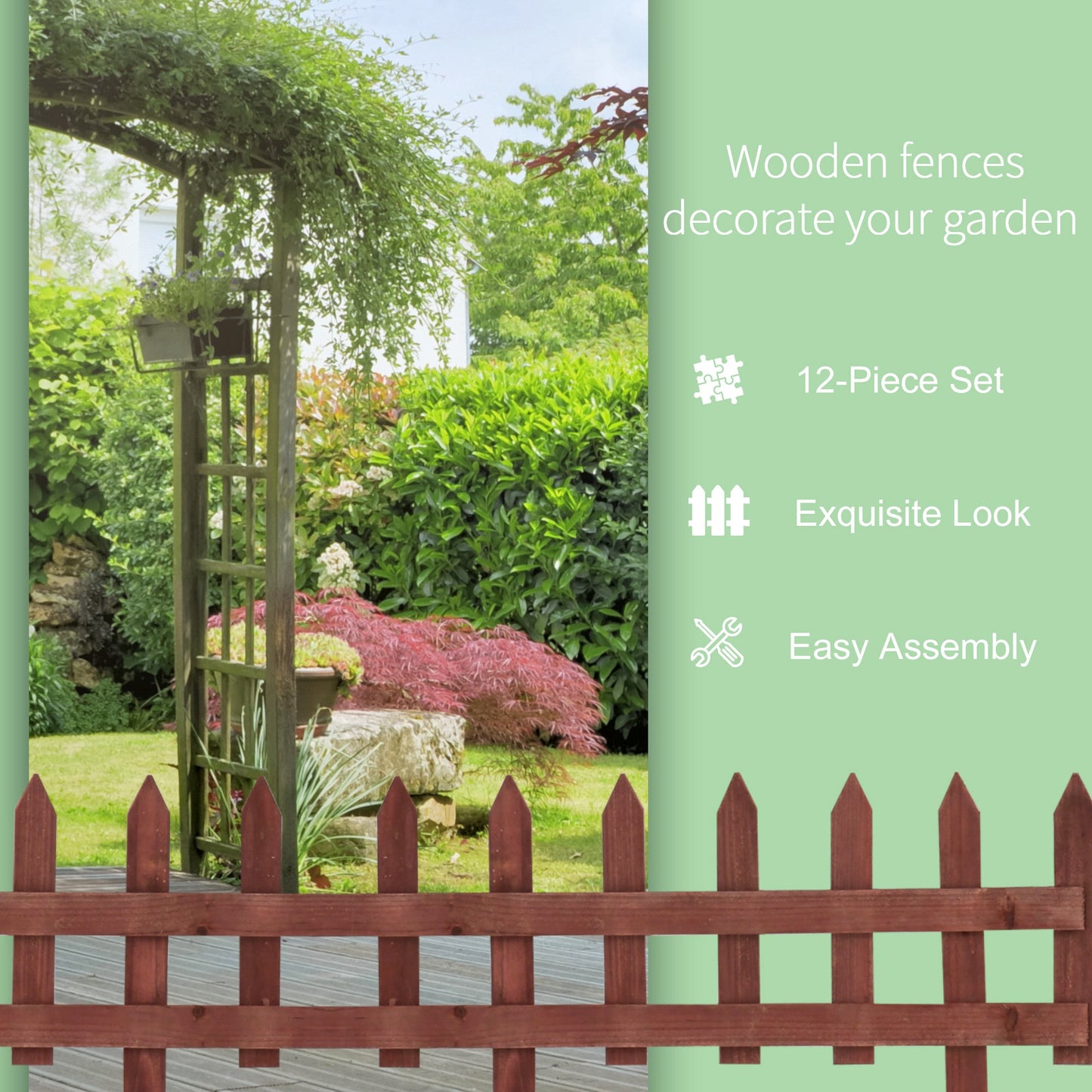 Outsunny 12-Piece 60cm Rustic Brown Wooden Garden Fence Set - ALL4U RETAILER LTD