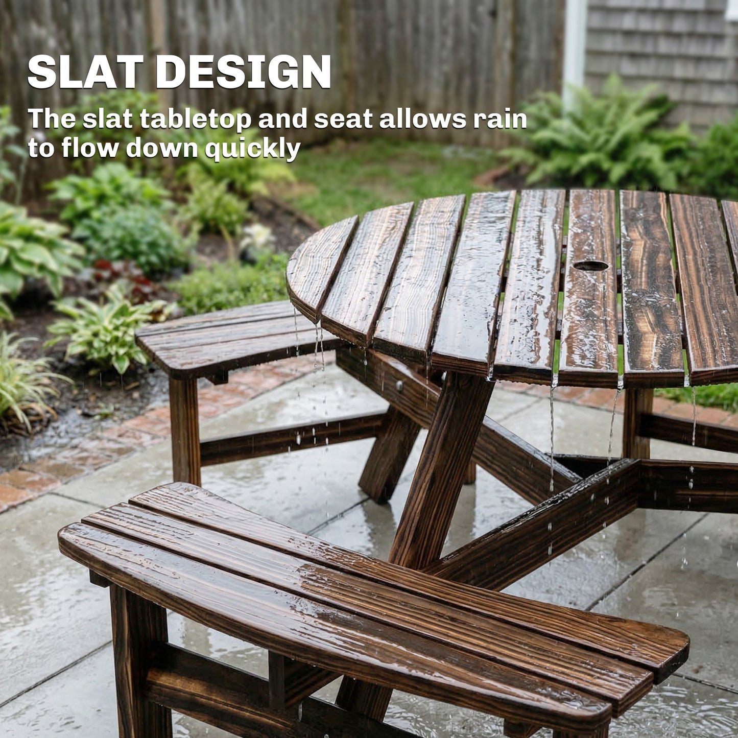 Outsunny 6 Seater Wooden Round Dining Set with Bench and Parasol Hole for Outdoor Garden Patio Carbonized