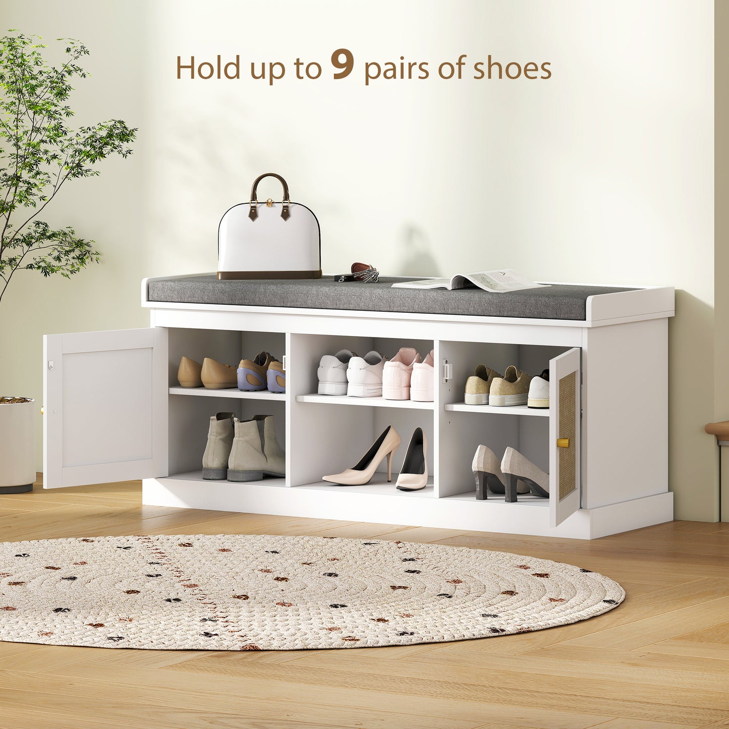 HOMCOM Boho Shoe Storage Bench With Padded Cushion And Rattan Doors Holds Up To Nine Pairs White
