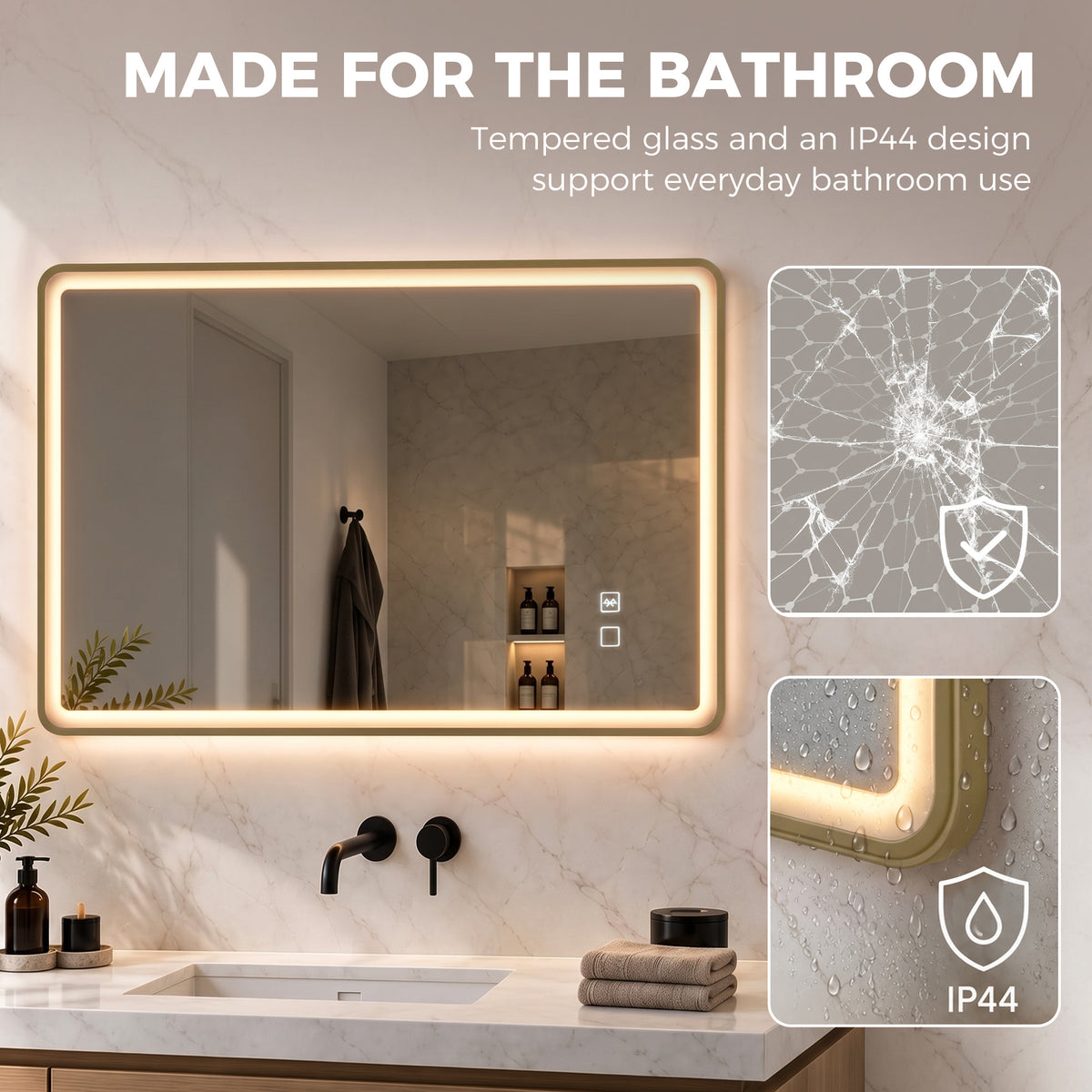 LED bathroom mirror with IP44 water-resistant design, glowing gold perimeter border