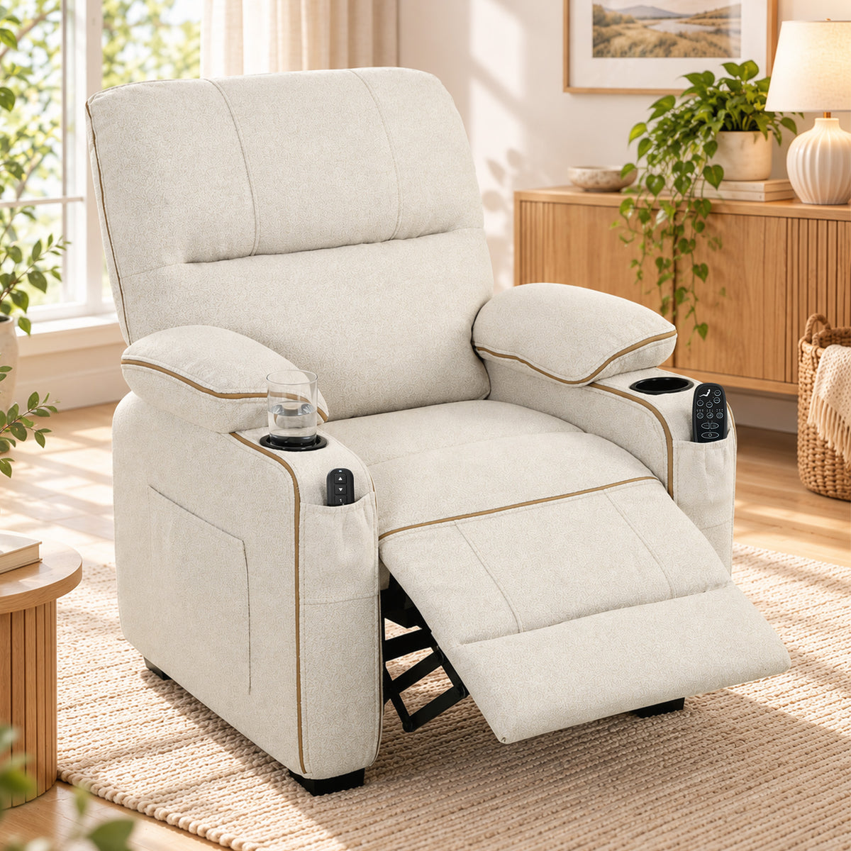 Beige electric massage recliner with extended leg rest and armrest controls