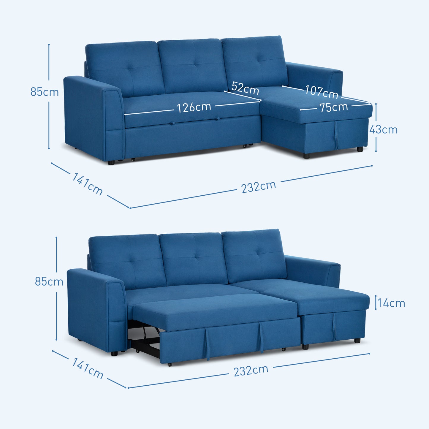 HOMCOM Dark Blue L-Shaped Sofa Bed with Storage - Convertible 3-Seater Click Clack Futon for Living Room & Office